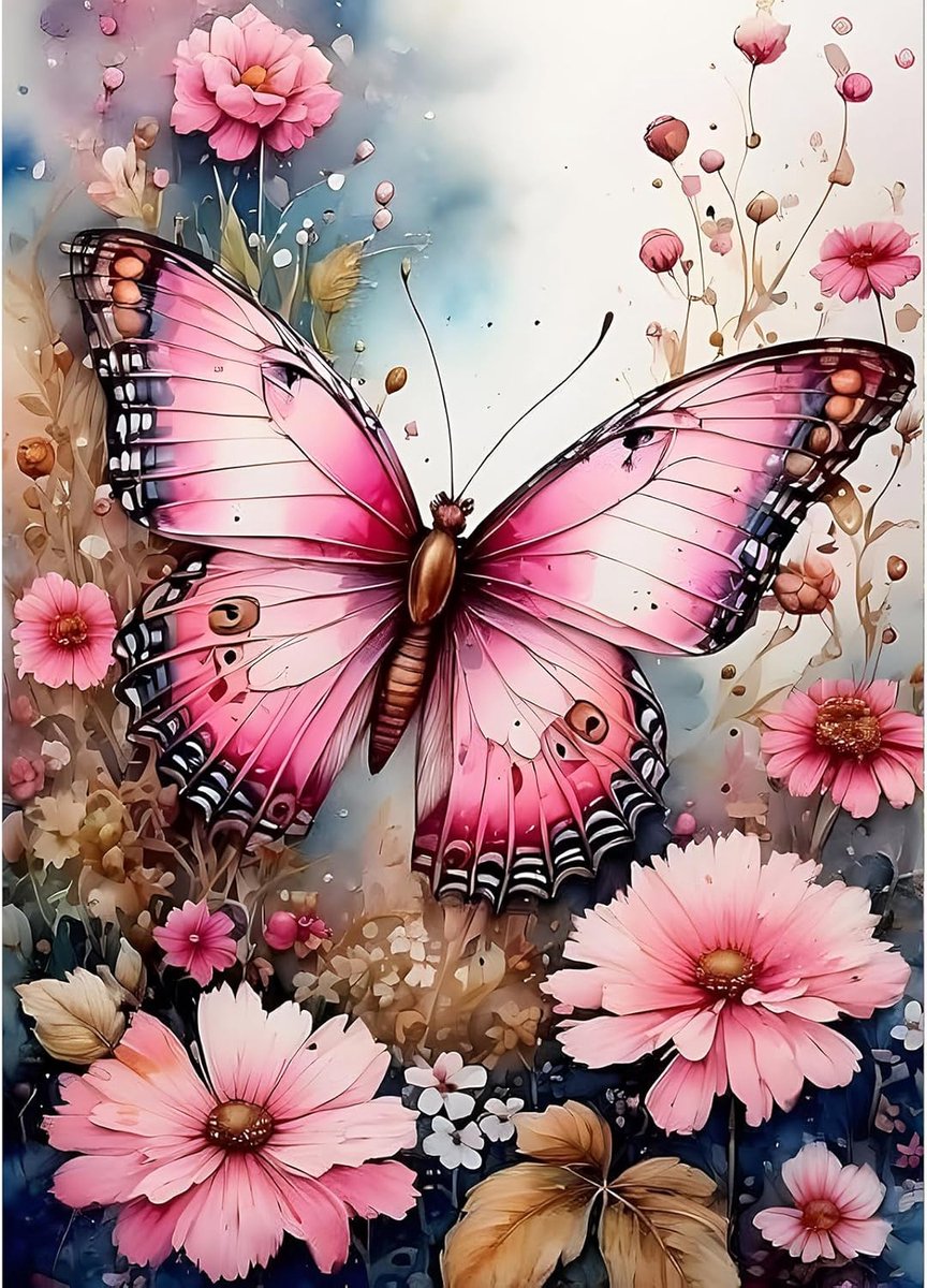 Doe-het-zelf Roze Butterfly 5D Diamond Art Kits, rond, Full Drill Sparkling Wildbloemen Diamond Painting foto, Dreamland Painting op nummer kunstkits voor volwassenen, beginners