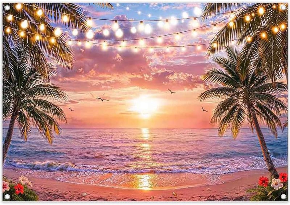 2,1 x 1,5 m fotografie-achtergrond zomer zonsondergang op het strand Hawaiiaanse palm aan zee polyester achtergrond voor tropische feesten, decoratie, wandtapijt, banner