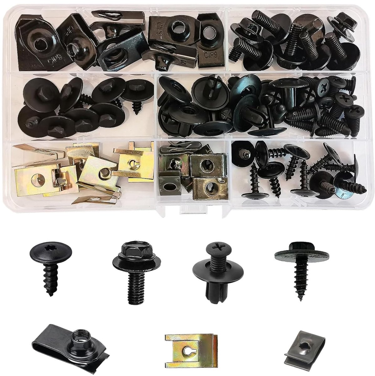 64 sets plaatmoeren schroefmoerclipkit, auto body undertray spatborden, U-type bevestigingsclips + metalen moeren + kunststof clips, universeel voor spatborden