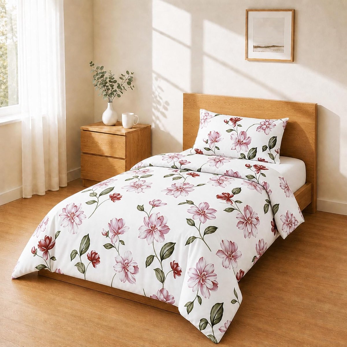 Dekbedovertrek 140x200 + 50x80 1PCS, Magnolia Roze en Bordeaux | Bijpassende kussensloop van 50x80 cm in geborstelde microvezel, hetzelfde dessin op overtrek en sloop, in vijf maten.