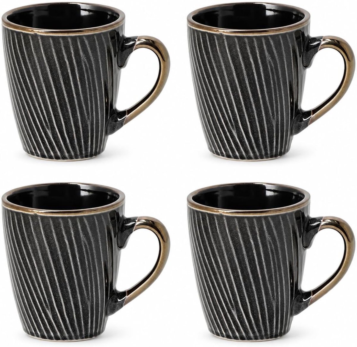 Set van 4 – Keramische Mokken met Oor 200 ml – Zwart Goud – Servies voor Koffie Cappuccino Espresso en Thee