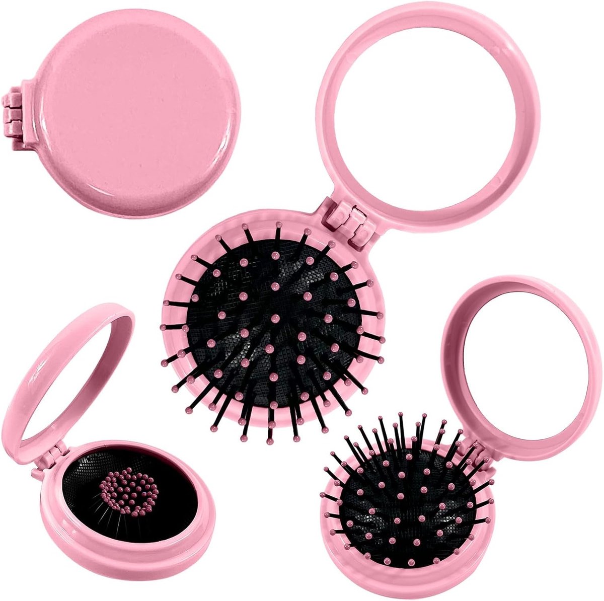 haarborstel met spiegel, 4 stuks, ronde draagbare mini-haarborstel, zakspiegel, inklapbaar, haarmassagekam voor mannen en vrouwen, werk en reizen, dagelijkse benodigdheden