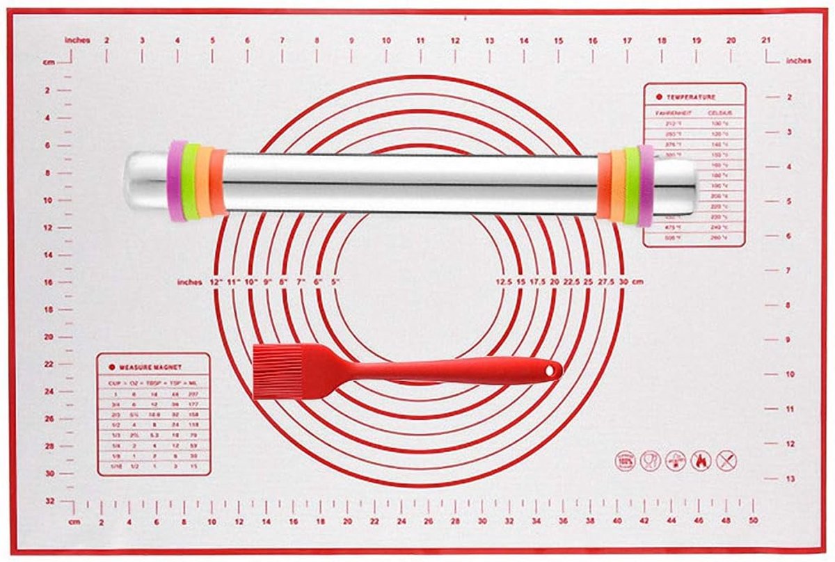 Pin en Siliconen Bakken Mat Set RVS Deegroller met Verstelbare Dikte Ringen voor Bakken Eén maat B01 Rolling Pin + Red Mat