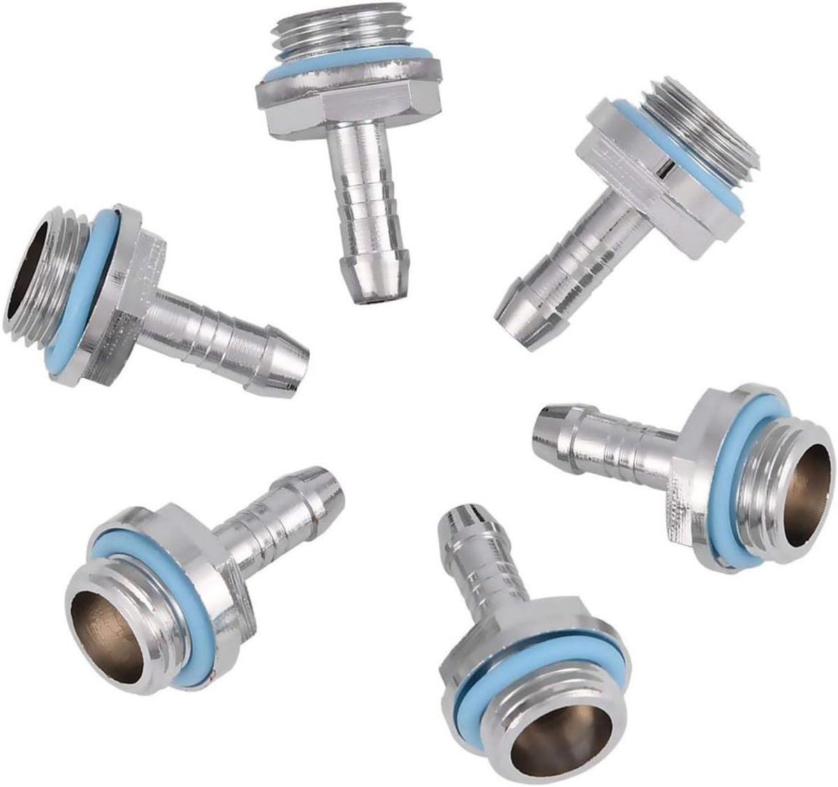 6 stuks G1 / 4 schroefdraadverbindingen voor pc-waterkoeling, Con-nection, 6 mm, koperen slangaansluitingen met siliconen ring en verchroomd oppervlak