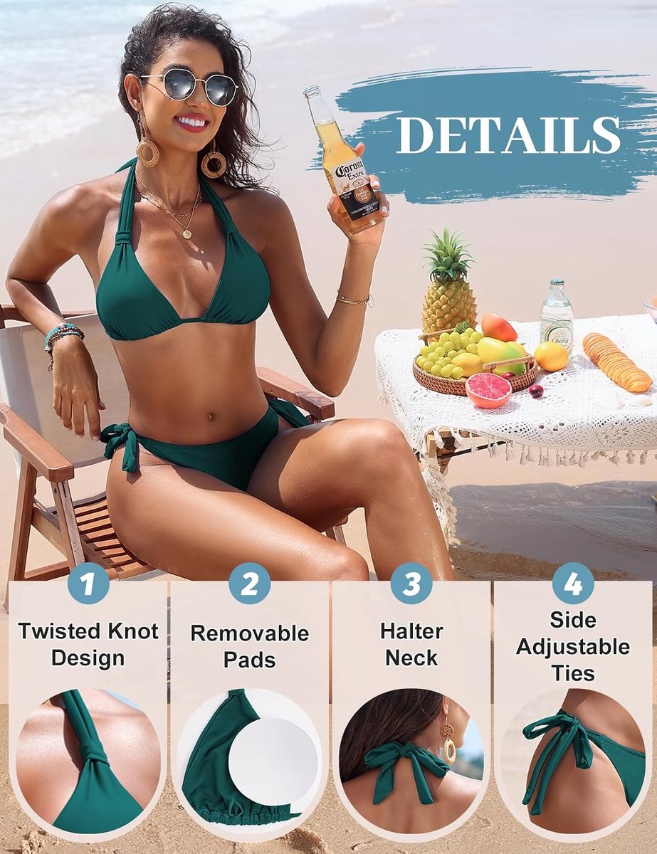 Tweedelig badpak voor dames, met curve, Braziliaanse bikiniset, gevoerd, beha houder, lage taille, verstelbaar, met trekkoord aan de zijkant voor strand en zwembad