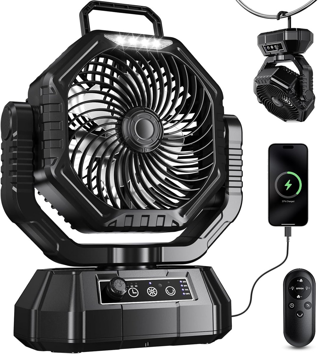 Campingventilator met led-lantaarn, 20.000 mAh, oplaadbaar, met afstandsbediening en haak, 270 graden draaibaar, instelbare snelheid, timermodus, voor binnen en buiten (zwart)