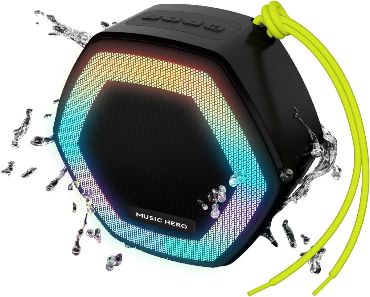 SnelShoppen - Draadloze Speaker 5 Watt, Waterproof IPX5 met LED Verlichting, Draagband, Multi-Input en Multifunctionele Knoppen, Wit en Zwart voor Fee