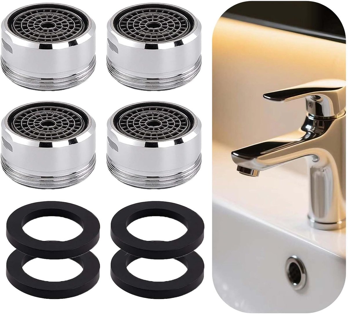 4 stuks straalregelaar M24 voor keuken en badkamer met debiet 5 l/min, waterbesparende straal, antikalk, waterfilter van verchroomd messing, eenvoudig te installeren, compatibel met standaard kranen