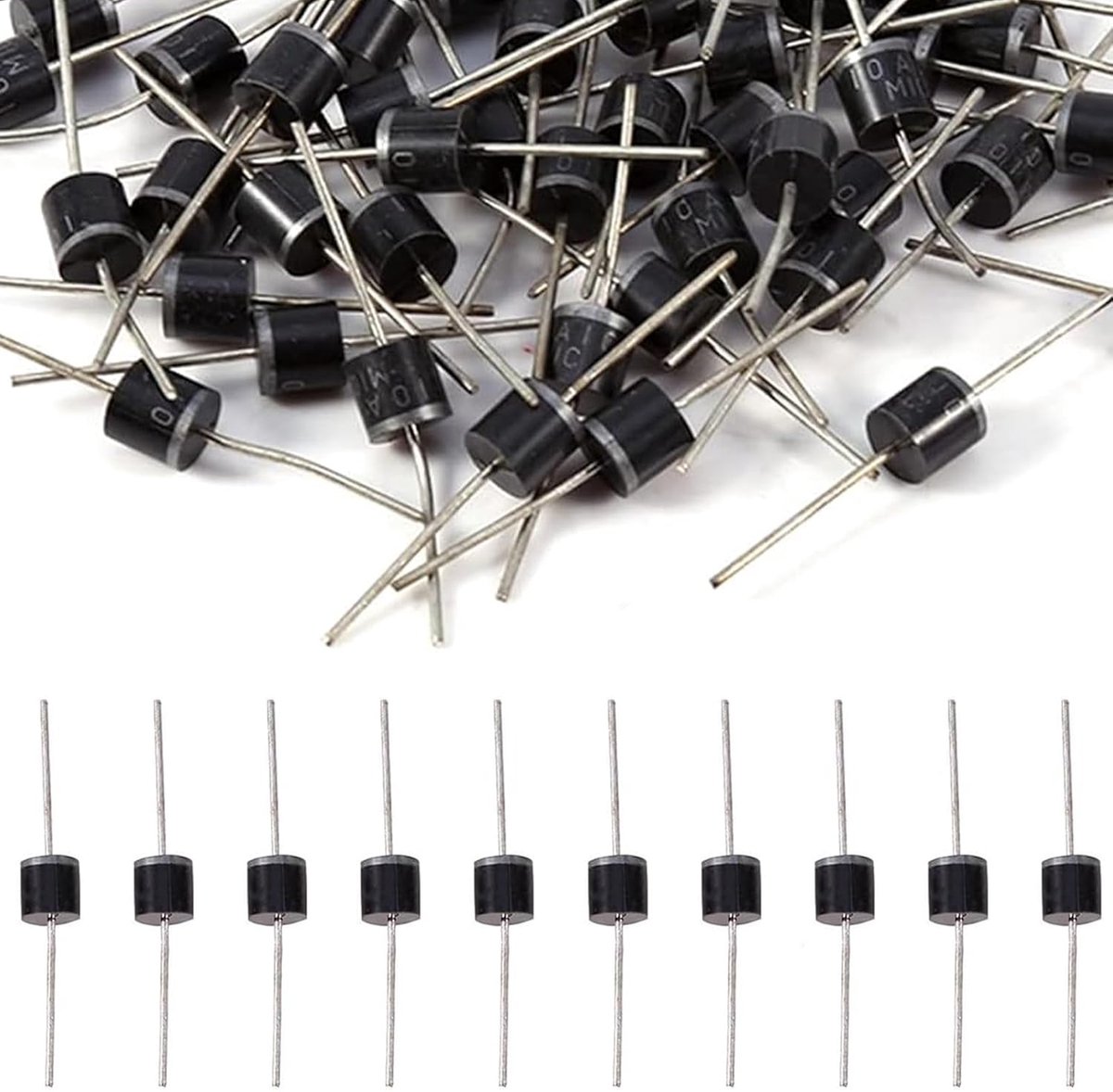 50 stuks 10A10 blokkerende diode voor zonnepaneel en poolbescherming, 10 A 1000 V gelijkrichterdiode R-6 axiaal ontwerp voor doe-het-zelf schakelingen, opladers en voedingen, loodvrije elektronische