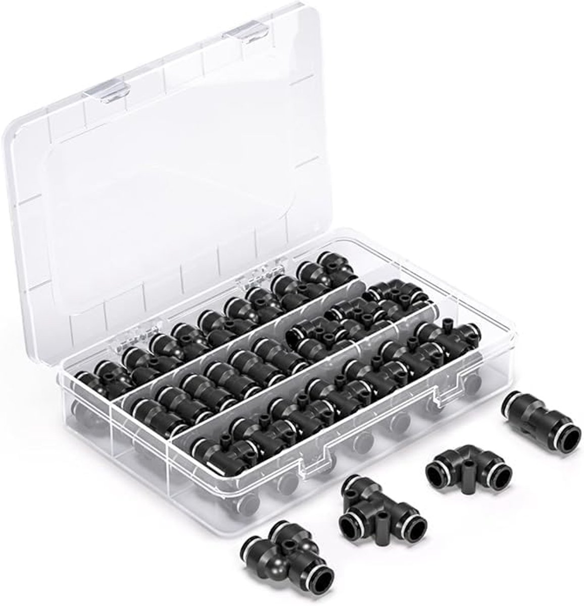60 stuks 12mm zwarte Push to Connect Pneumatische Fitting Kit, 15 rechte, 15 splitters, 15 ellebogen, 15 Tee types snelle Pneumatische connectoren