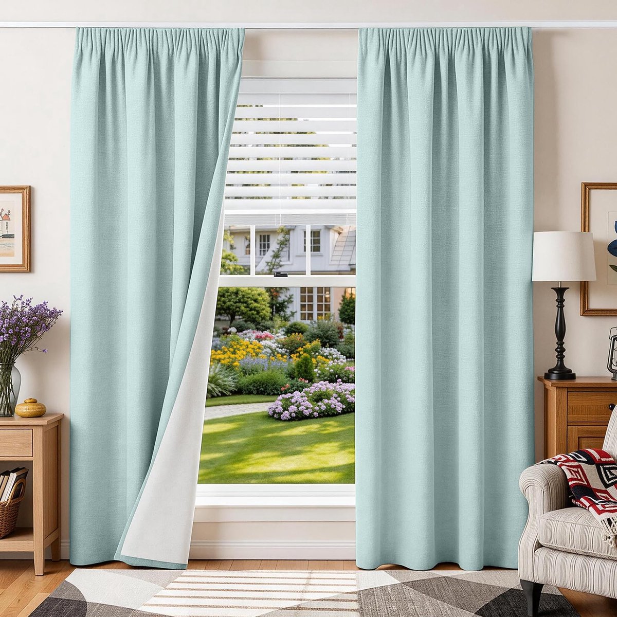 100% ondoorzichtige gordijnen met rimpelband, linnenlook, verduisteringsgordijnen, 220H x 140B x 2, hemelsblauw, gordijnen, thermische gordijnen, bescherming tegen kou, woonkamer