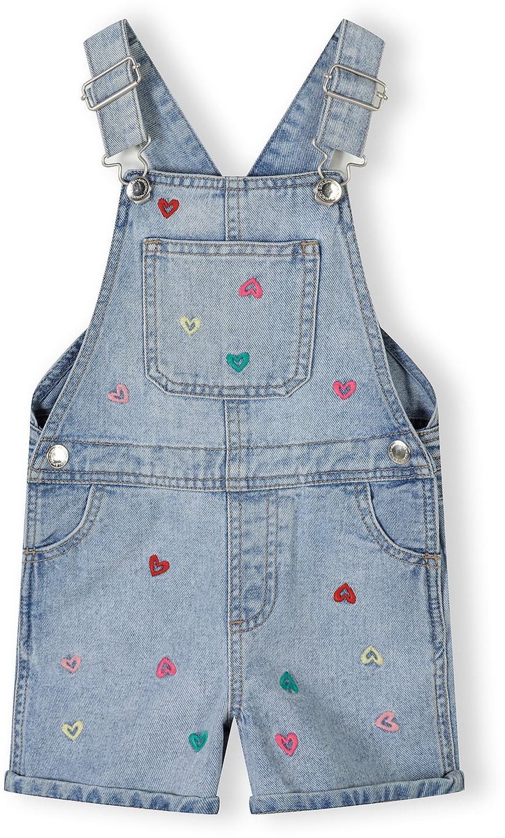 Minoti jumpsuit meisjes denim - korte tuinbroek met hartjes borduursel