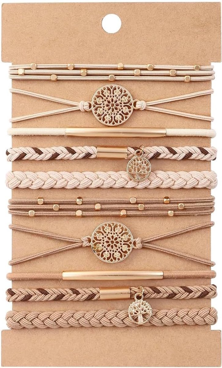 10 stuks haarelastiekjes met de afbeelding van de levensboom, paardenstaarthouders, elastische armbanden en haaraccessoires in crèmebeige polyester
