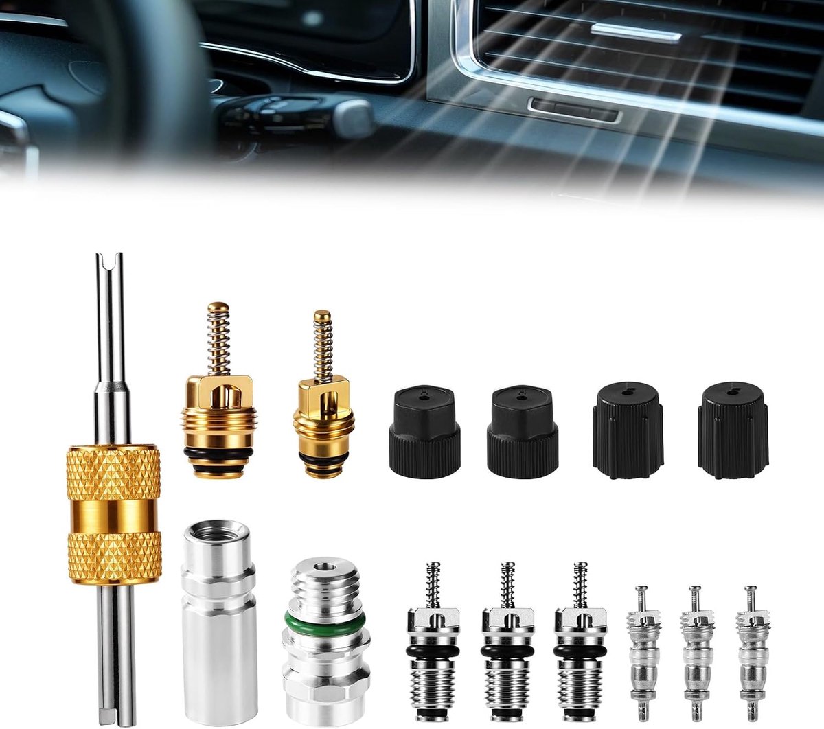 15 Airconditioning Ventielkern Set, Koelvloeistof AC Ventielkernen met Teflon Afdichtingen & Doppen voor R12 R134a Auto HVAC Systeem Reparatiegereedschap voor Airconditioning Leidingonderhoud
