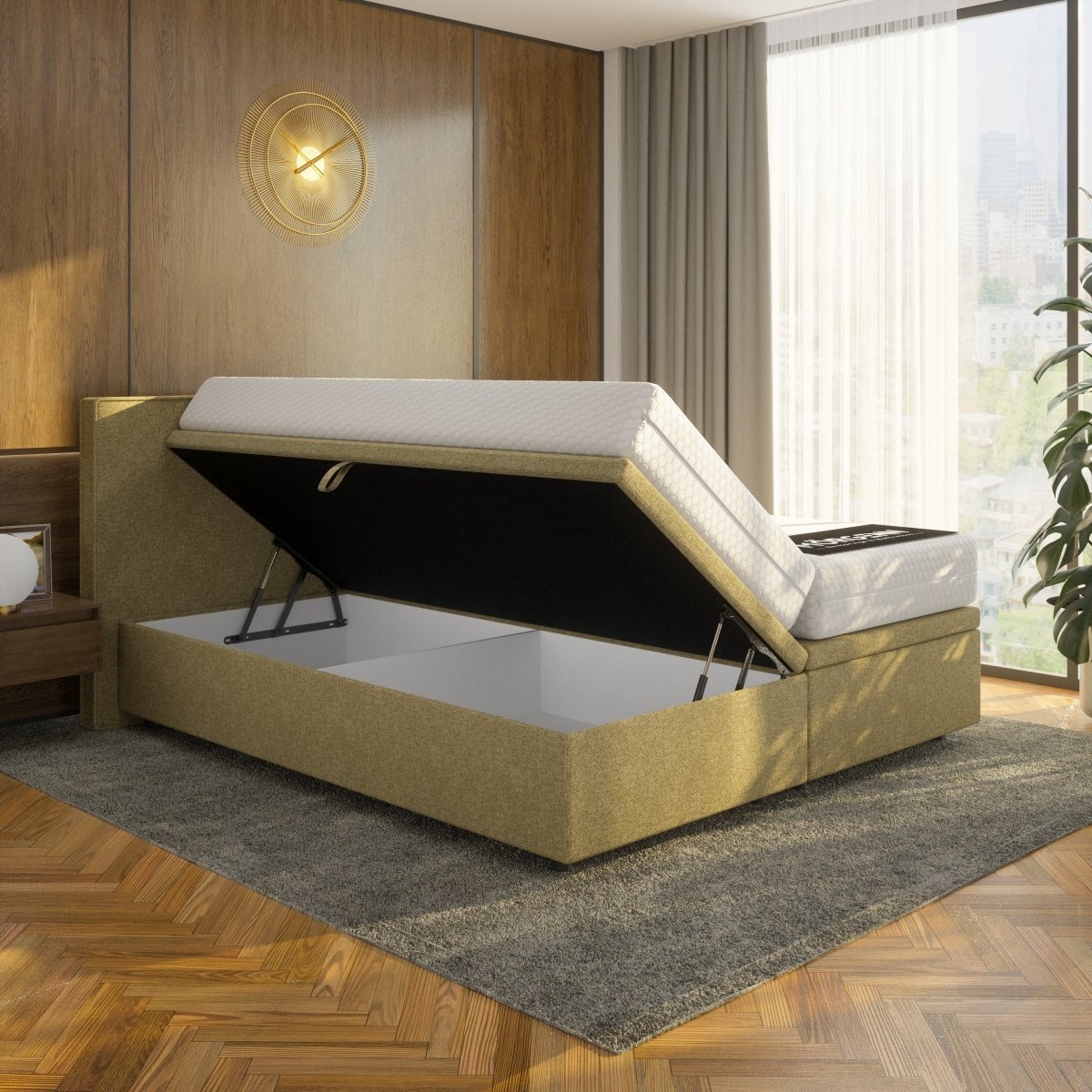 Mörgenn Opbergboxspring Havn - 900 Liter Opbergruimte - Olijfgroen - 180x200 cm - Zonder Matras - Inclusief Dekbed en Kussens Olijfgroen (SIC Austin 12)