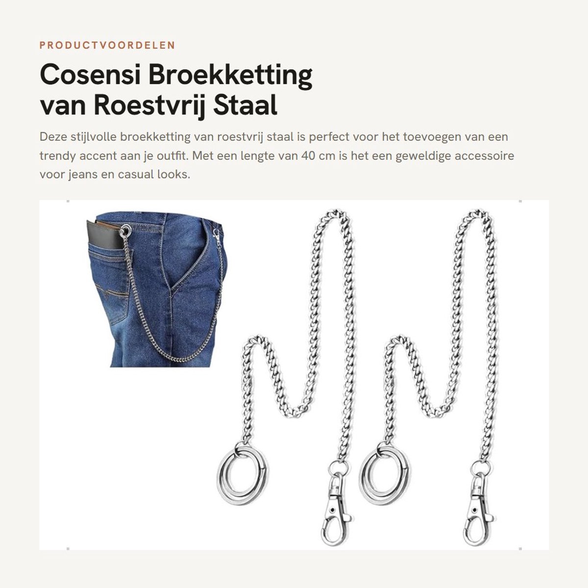 Dailygoods- Broekketting 40 cm - Sleutelhanger - Roestvrij Staal - Duurzaam - Elegant - Set van 2 - Sieraden