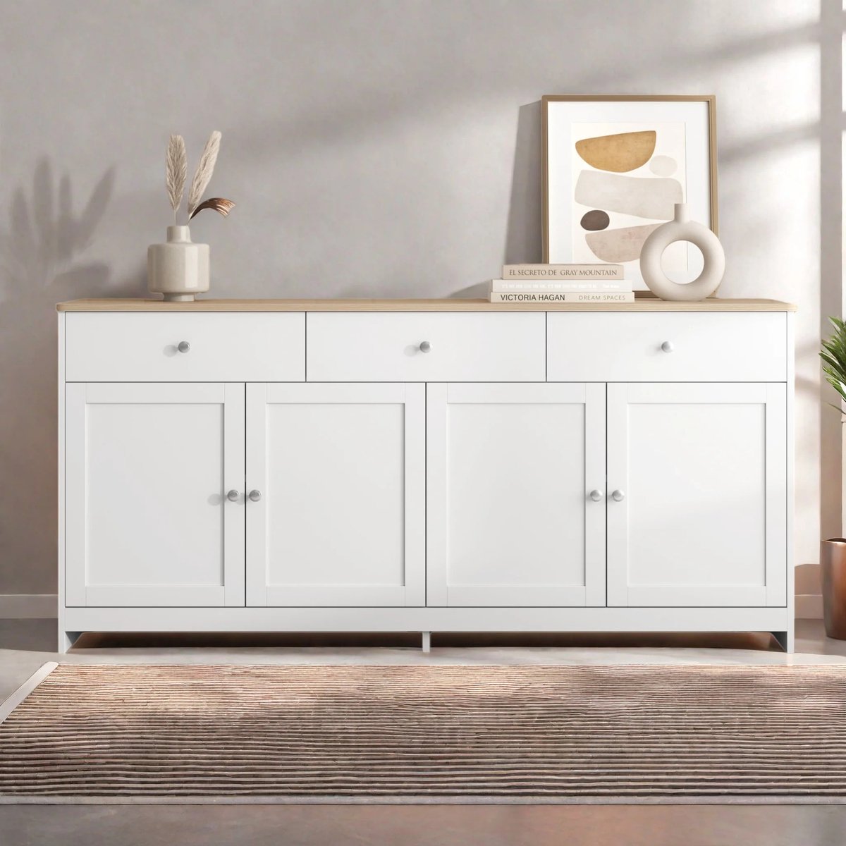 Dailygoods Dressoir met 3 laden en 4 deuren, 160x37x75cm witte keukenkast, buffetkast, staande kast