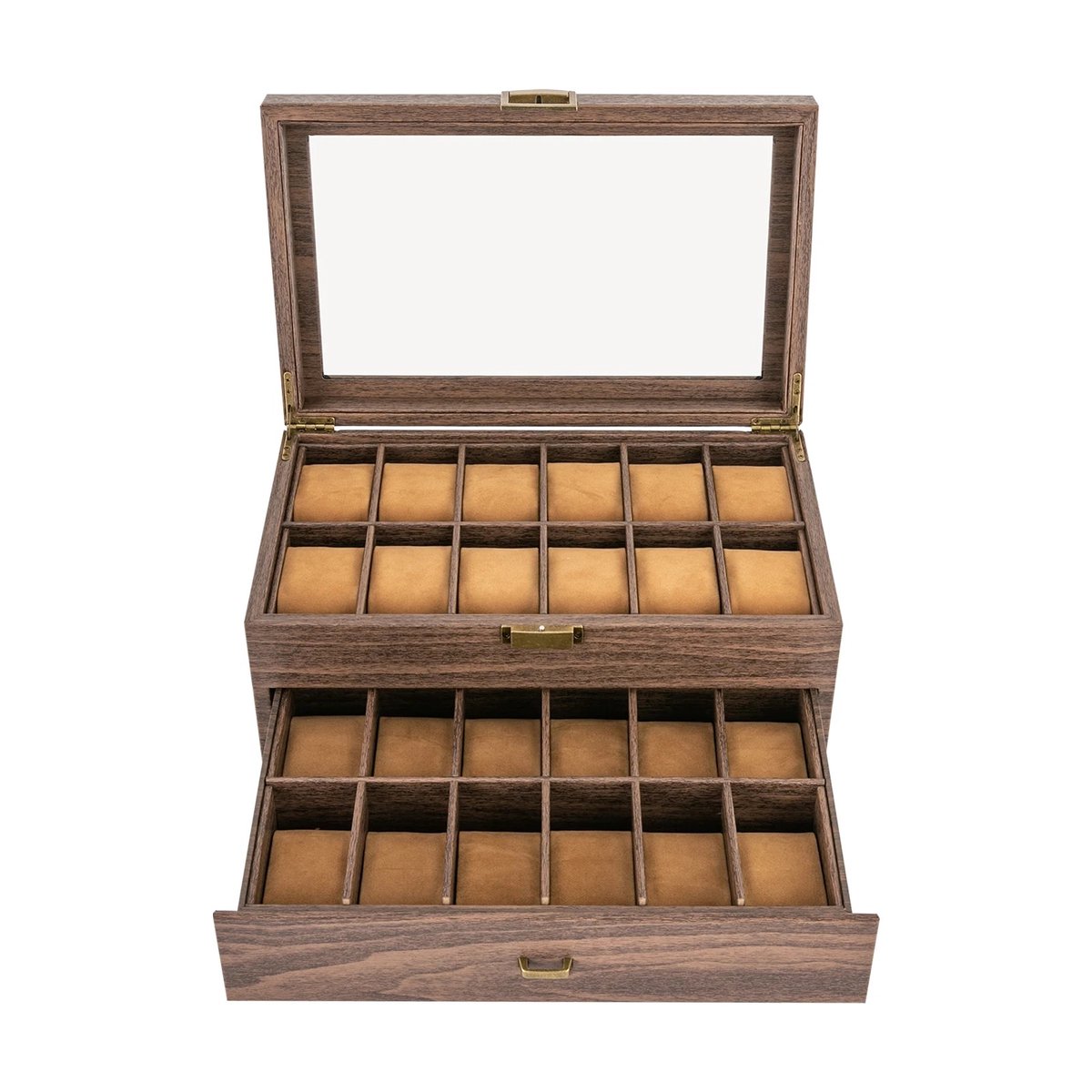 Dailygoods Horloge-opbergdoos met 24 sleuven, houtnerf horloge-organizer visualisatie met helder venster voor mannen en