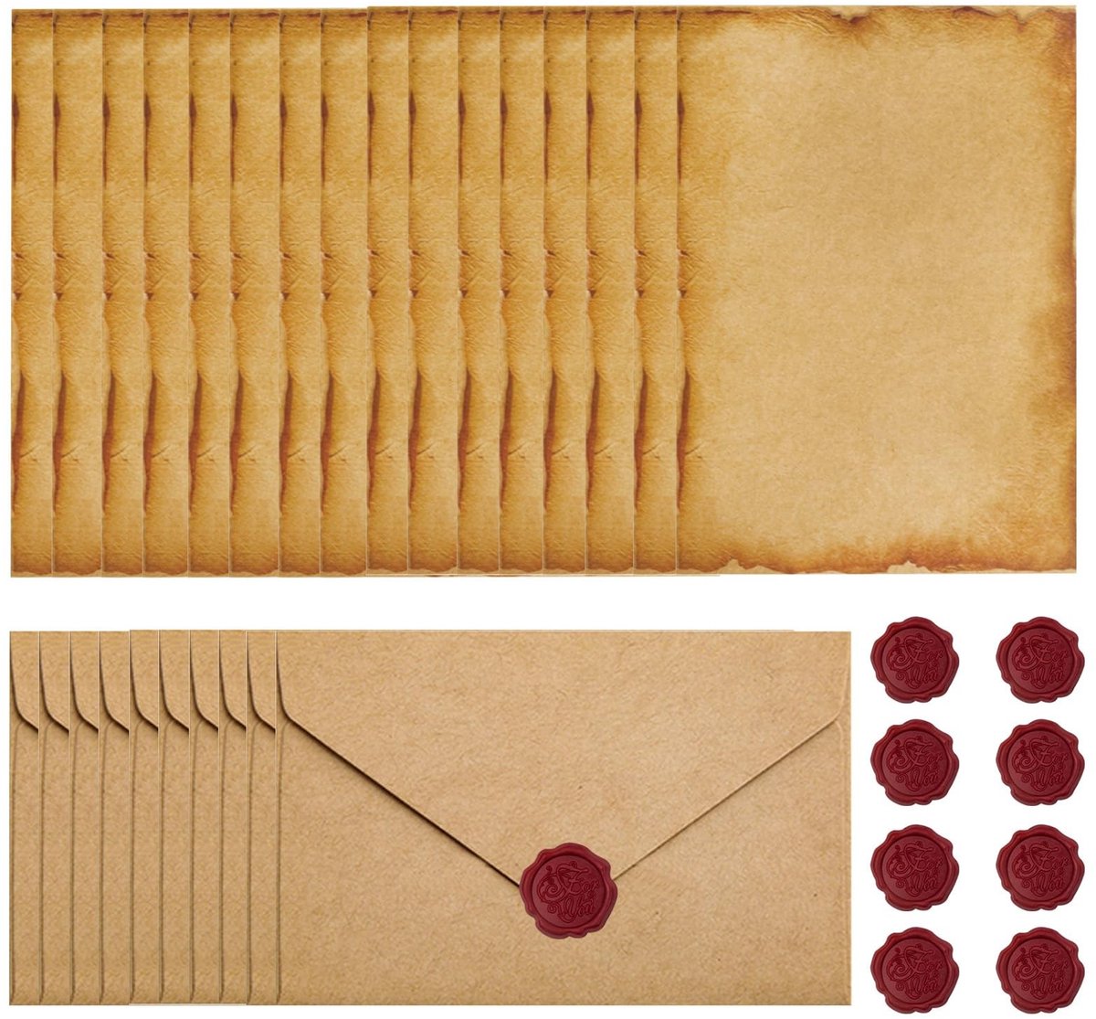 Dailygoods- Briefpapierset Vintage - 16 Vellen Schrijfpapier - 10 Enveloppen - Kraftpapier - Waszegelstickers - Ouderwets Design - Stationery Set