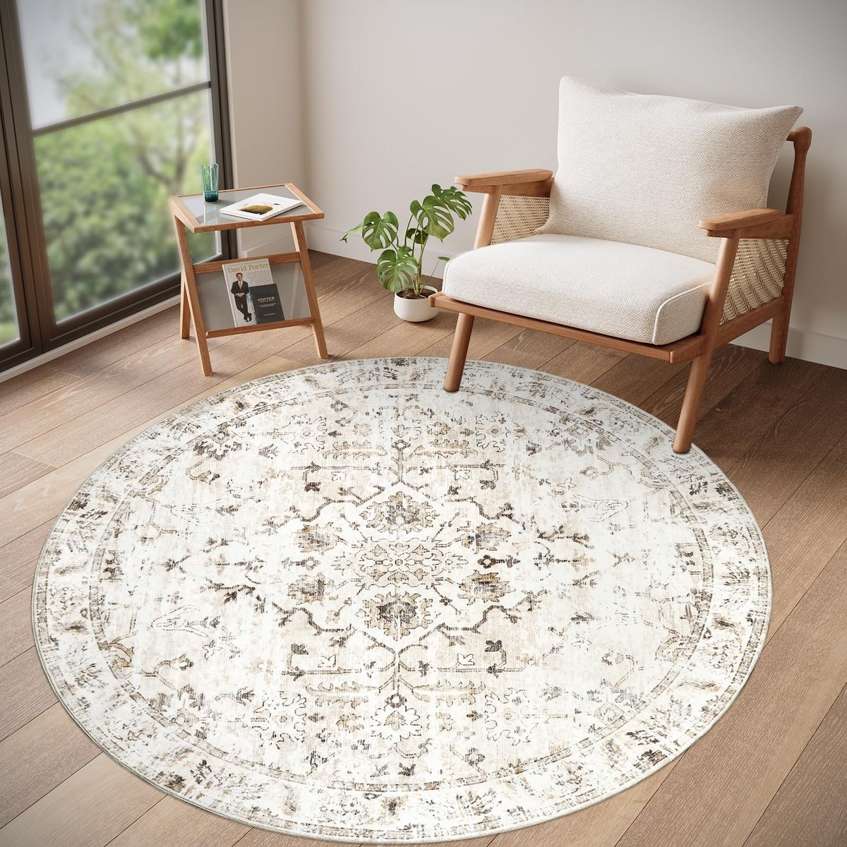 Dailygoods- Tapijt Rond 120 cm - Vintage Beige - Wasbaar - Antislip - Zacht Kunstwol - Veilig voor Kinderen - Vloerkleed