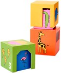 Groen blok met flamingo, gestapeld met roze blok met krokodil, en geel blok met olifant. Zijkanten met bliksem en nummer 3.