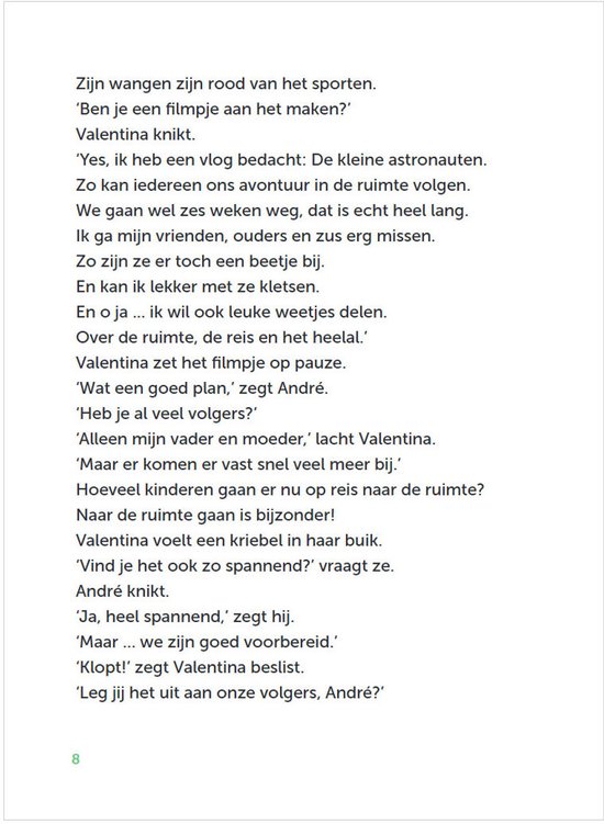 Pagina uit 'Feest in de ruimte' met tekst en illustratie van twee kinderen in een raket, terwijl een hond naar buiten kijkt.