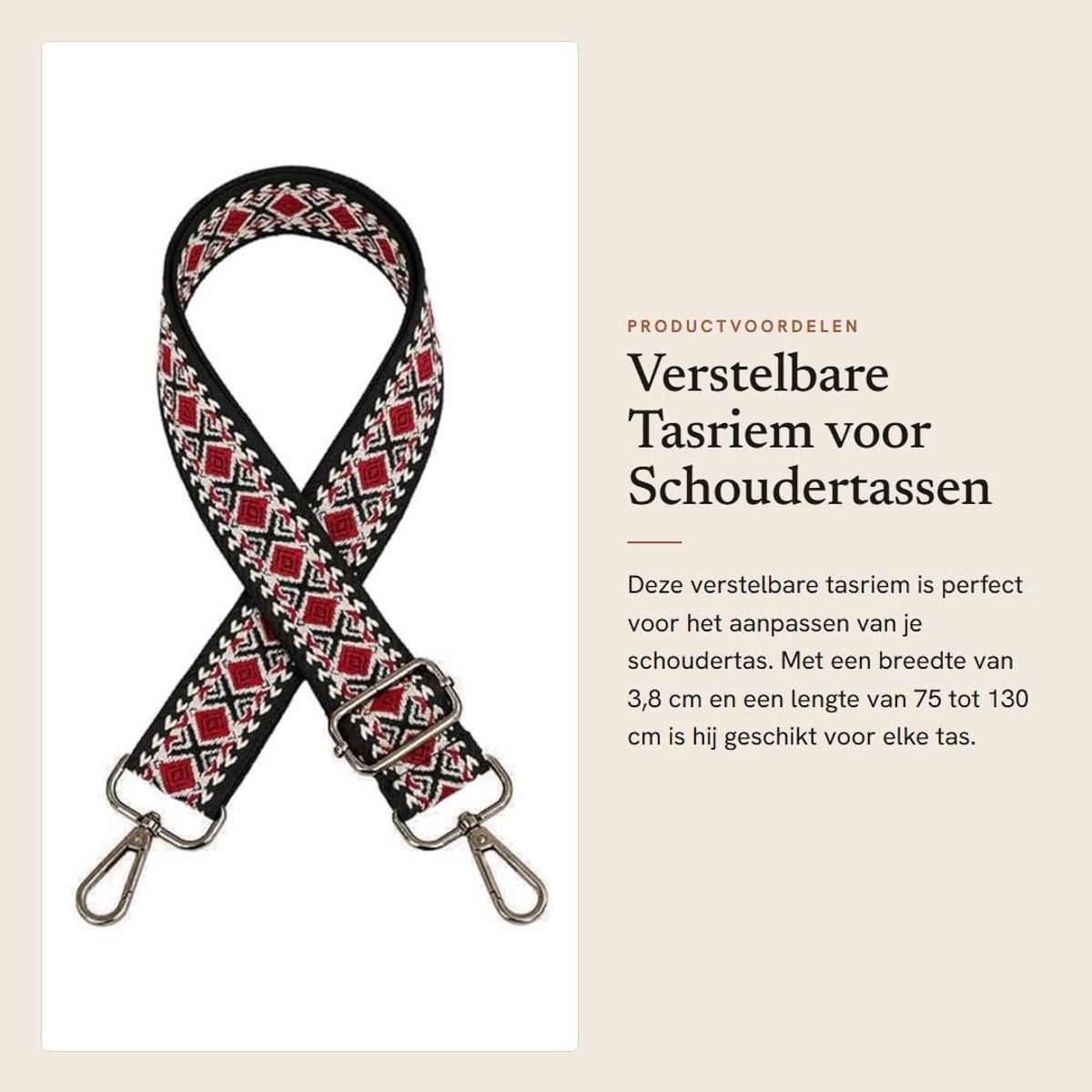 Dailygoods- Tasriem Verstelbaar 75-130 cm - Schouderband voor Tas - 3,8 cm Breed - Boho Tassenriem - Polyester - Bronsgesp - Schouderriem