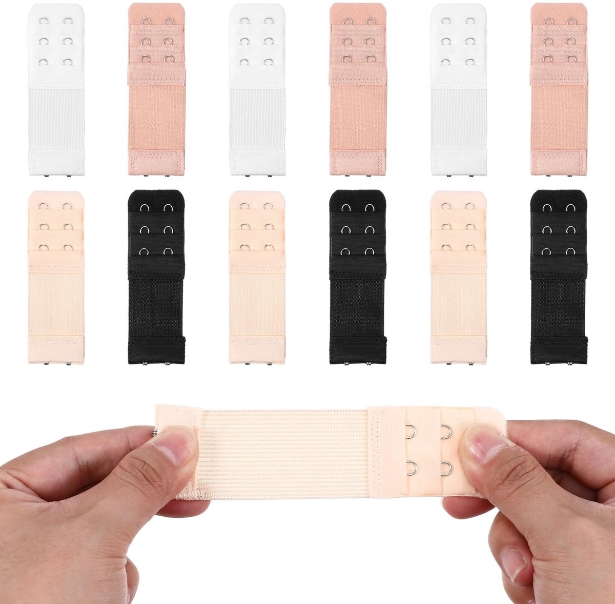Dailygoods- BH Verlenger 2 Haakjes - 12 Stuks - Elastische BH Extender - Plus Size - Roestvrij Staal - Comfortabele Aanpassing