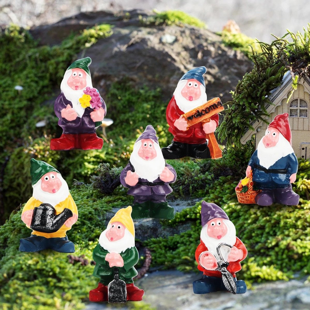 Dailygoods- Tuinkabouters set van 7 stuks - Tuindecoratie figuren - Miniatuur kabouterstandbeelden - Waterdicht - UV-beschermlaag - Handbeschilderd