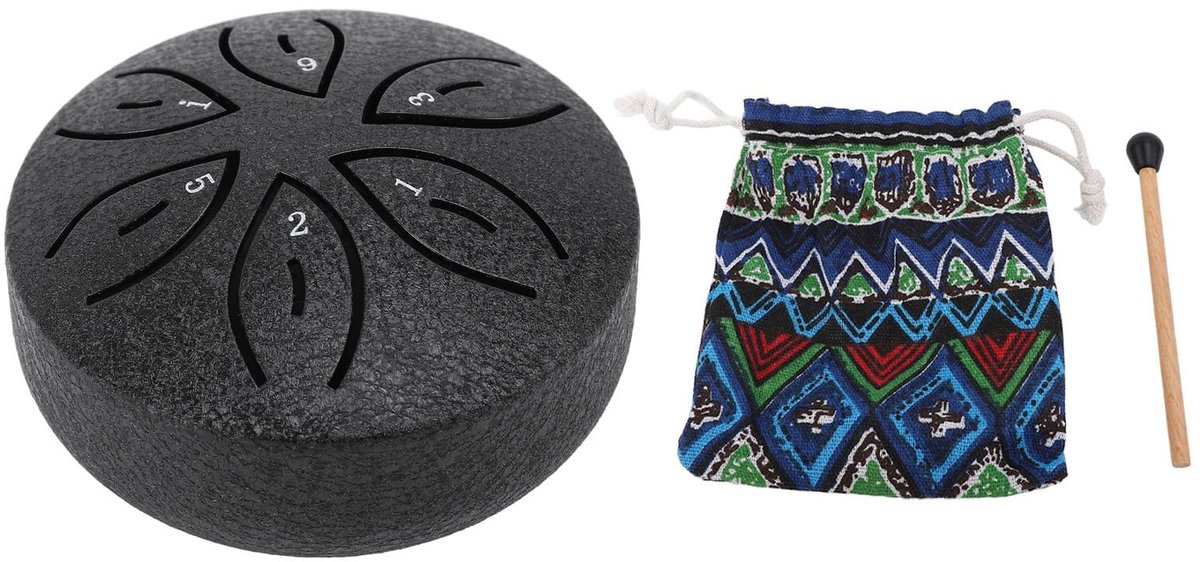 Dailygoods- Tongtrommel 3 Inch - Miniatuur Stalen Tongtrommel - 6 Noten - Tuingereedschap - Geschikt voor Yoga/Meditatie - Inclusief Drumstick en Opbergtas - Meditatietrommel