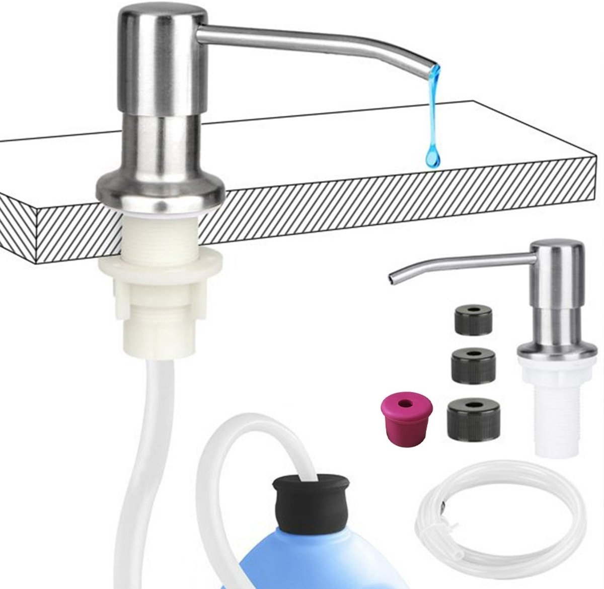 Dailygoods- Zeepdispenser Duurzaam 304 Roestvrij Staal - Keukenzeepdispenser - Wandmontage - 360 Graden Rotatie - Geschikt voor Handwas - Food-Grade Siliconen Buizen