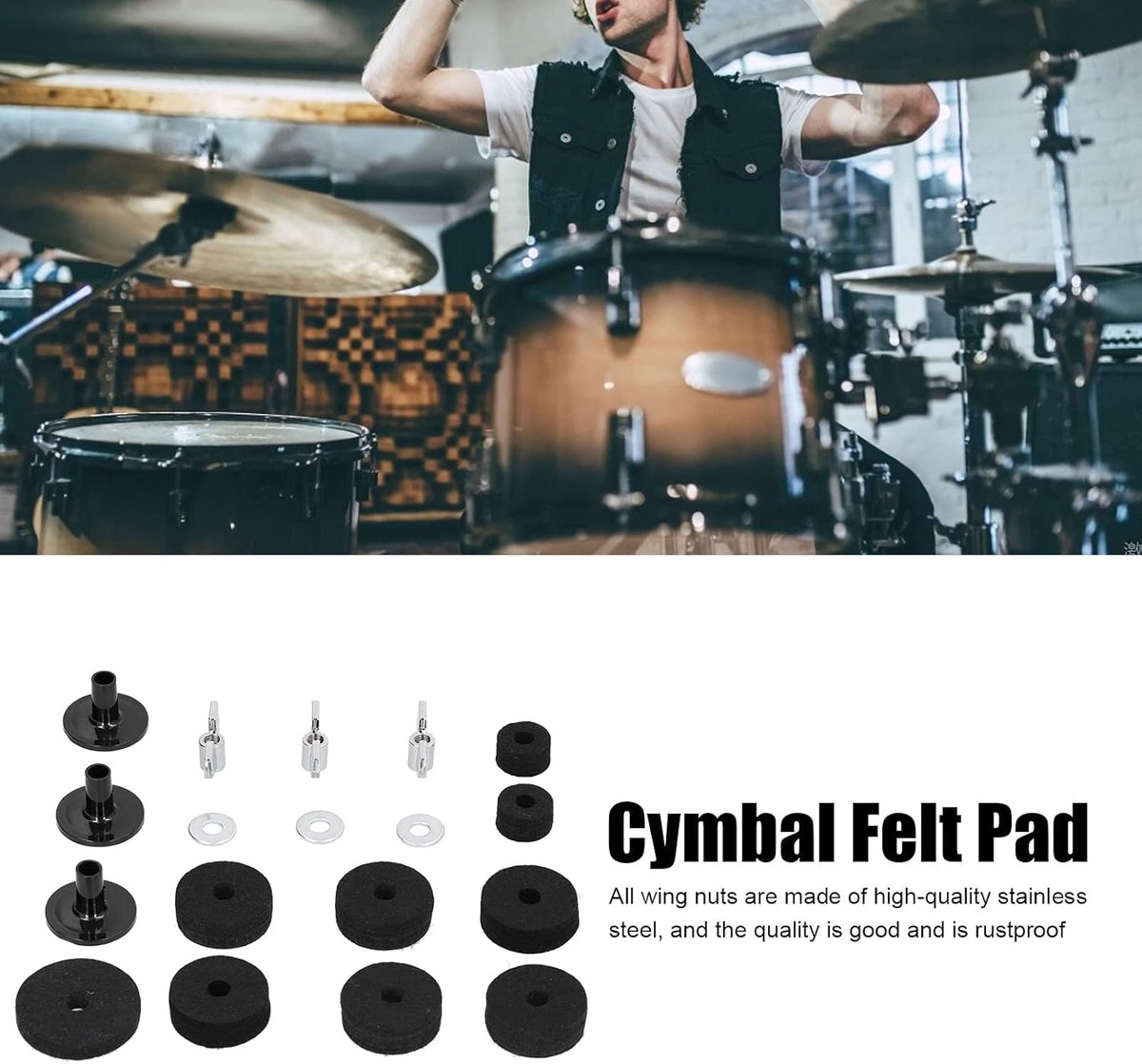 Cymbal Viltjes Set - Drum Accessoires - Cymbal Bescherming - Roestvrij Staal - 18 stuks - Zwart
