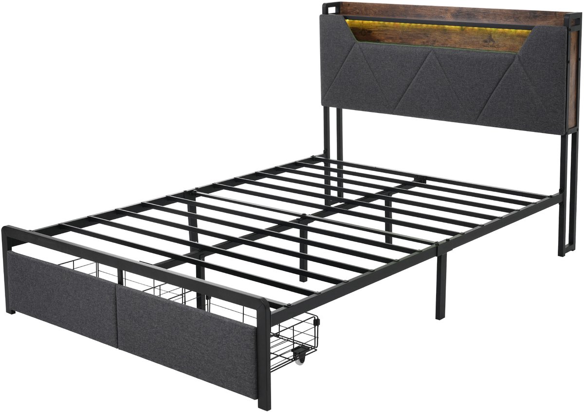 COVREO Ledikant 140x200 cm grijs stof en metaal, met LED en opberglades