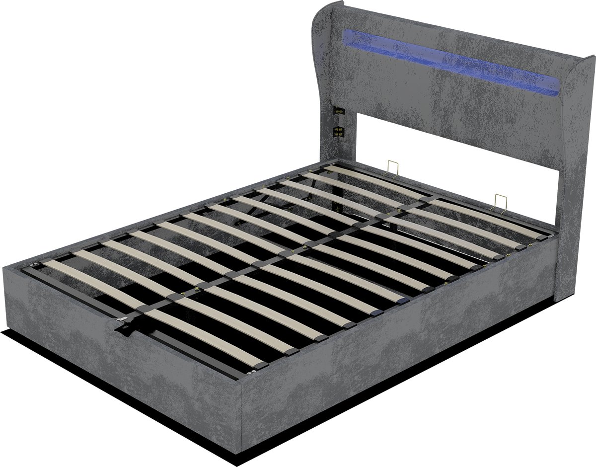 COVREO Bedframe 140x200 cm grijs, LED hoofdbord, opbergruimte, zonder matras