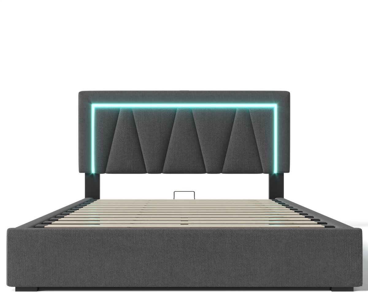 COVREO Polsterbed met USB-C en LED – 160x200 cm – Opbergbed met lattenbodem – voor volwassenen – Grijs - zonder matras