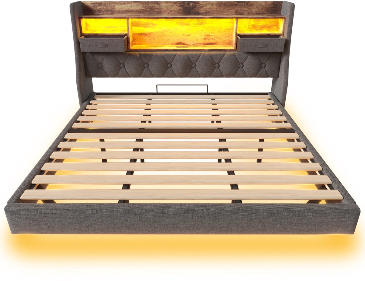 COVREO Bedframe 180x200 cm - grijs, LED-hoofdbord met opbergruimte, zonder matras Gray