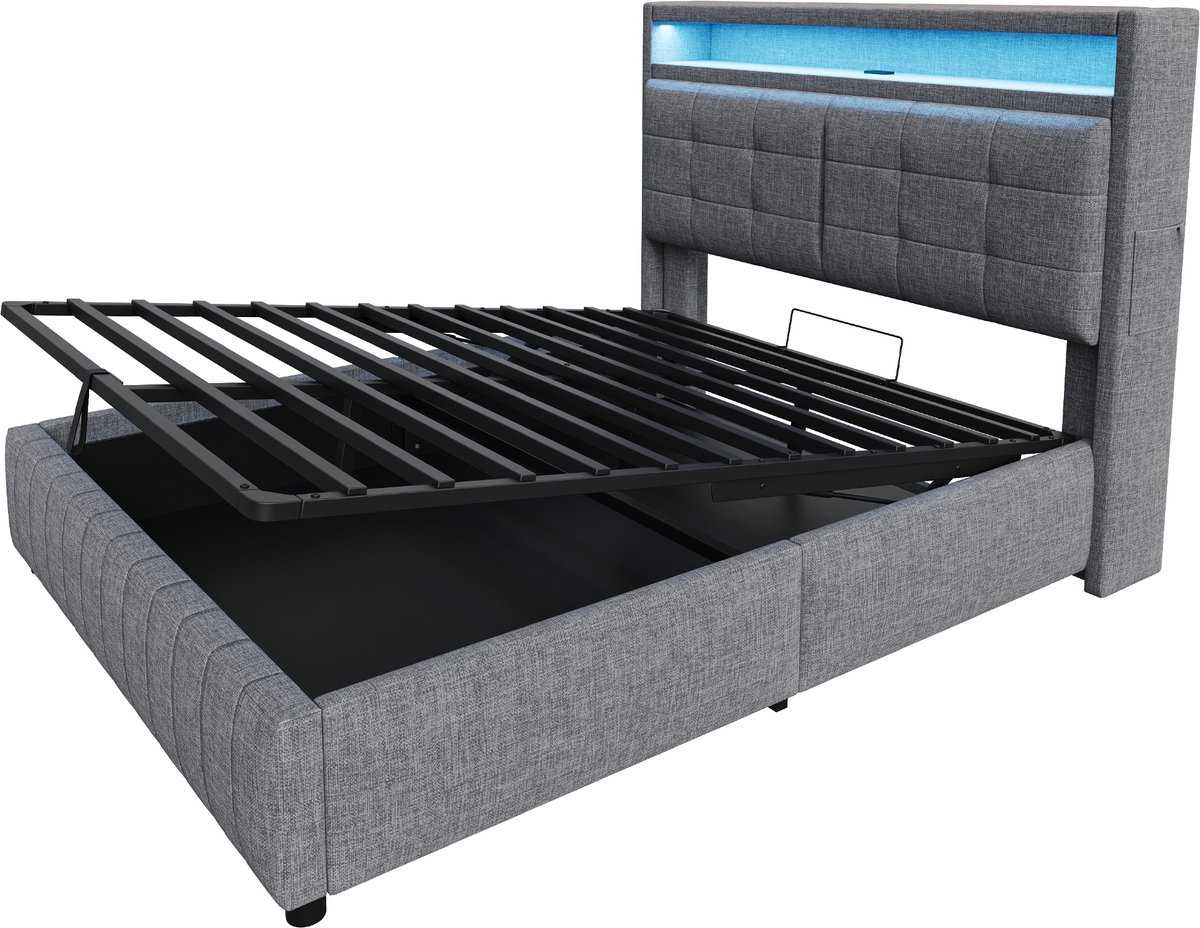 COVREO Bed met LED en USB – 160x200 cm – Gestoffeerd tweepersoonsbed met vakken – Ledikant met lattenbodem – Grijs - zonder matras