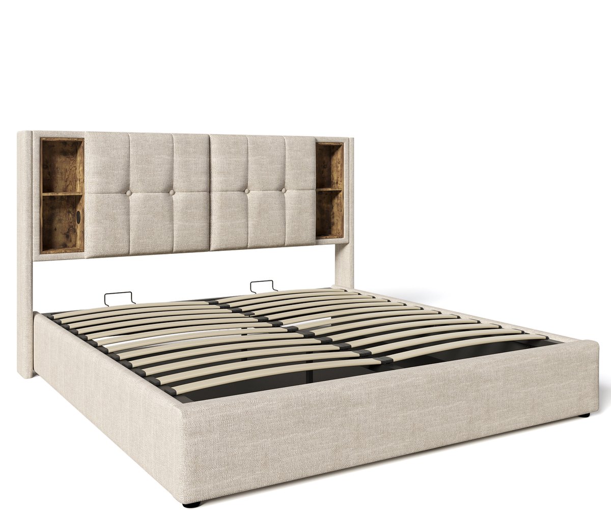 COVREO Bedframe 160x200 cm natuurlijk stof, opbergruimte, zonder matras Naturel