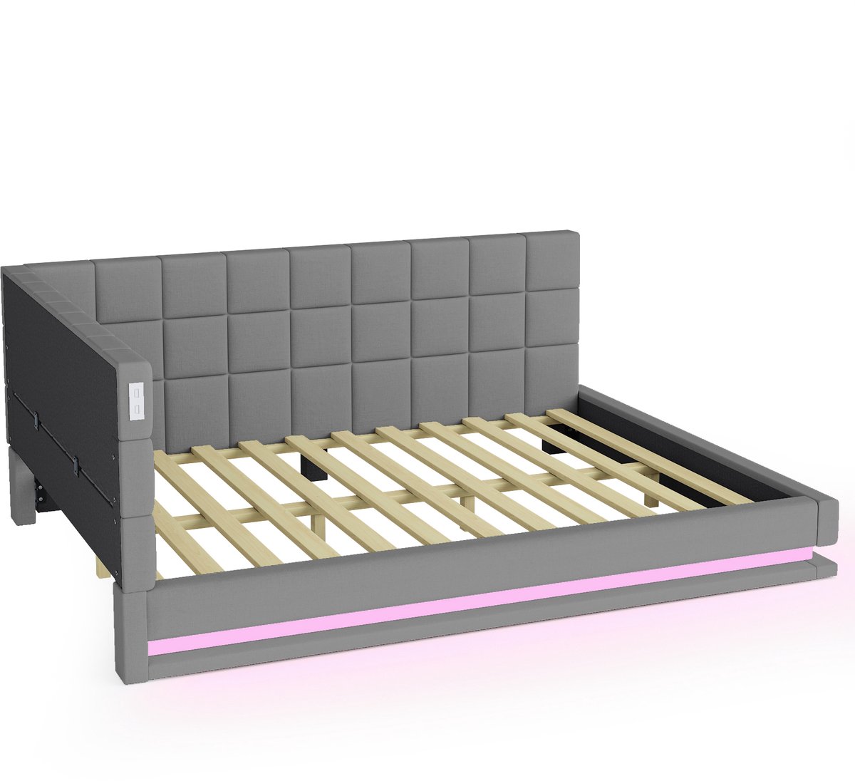 COVREO Slaapbank met LED en USB – 160x200 cm – Bedbank met lattenbodem – voor slaapkamer en logeerkamer – Grijs - zonder matras