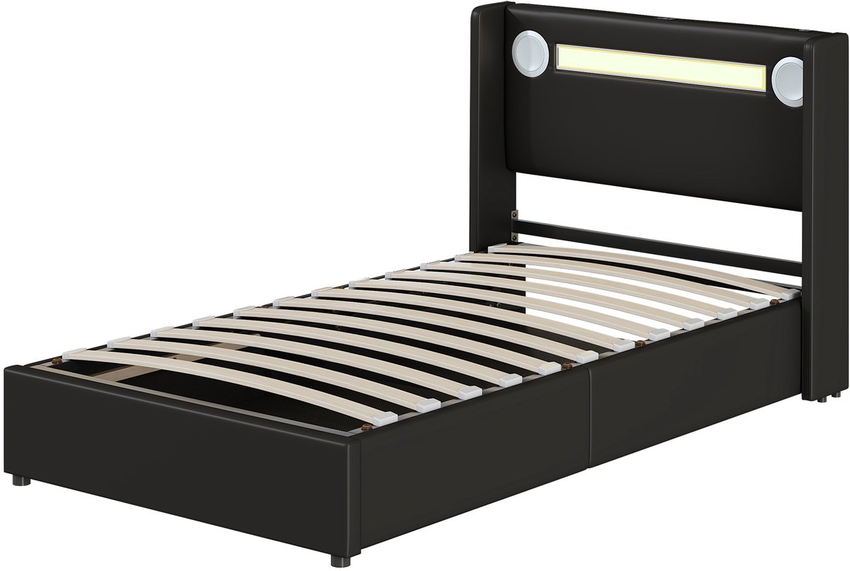 COVREO Bedframe 90x200 cm zwart, PU-leer, LED-lijst, zonder matras
