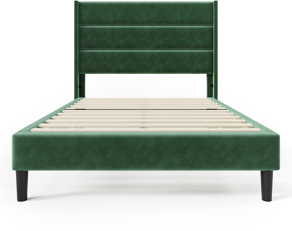 COVREO Bed 90 x 200 cm – donkergroen fluweel, lattenbodem, gestoffeerd hoofdbord