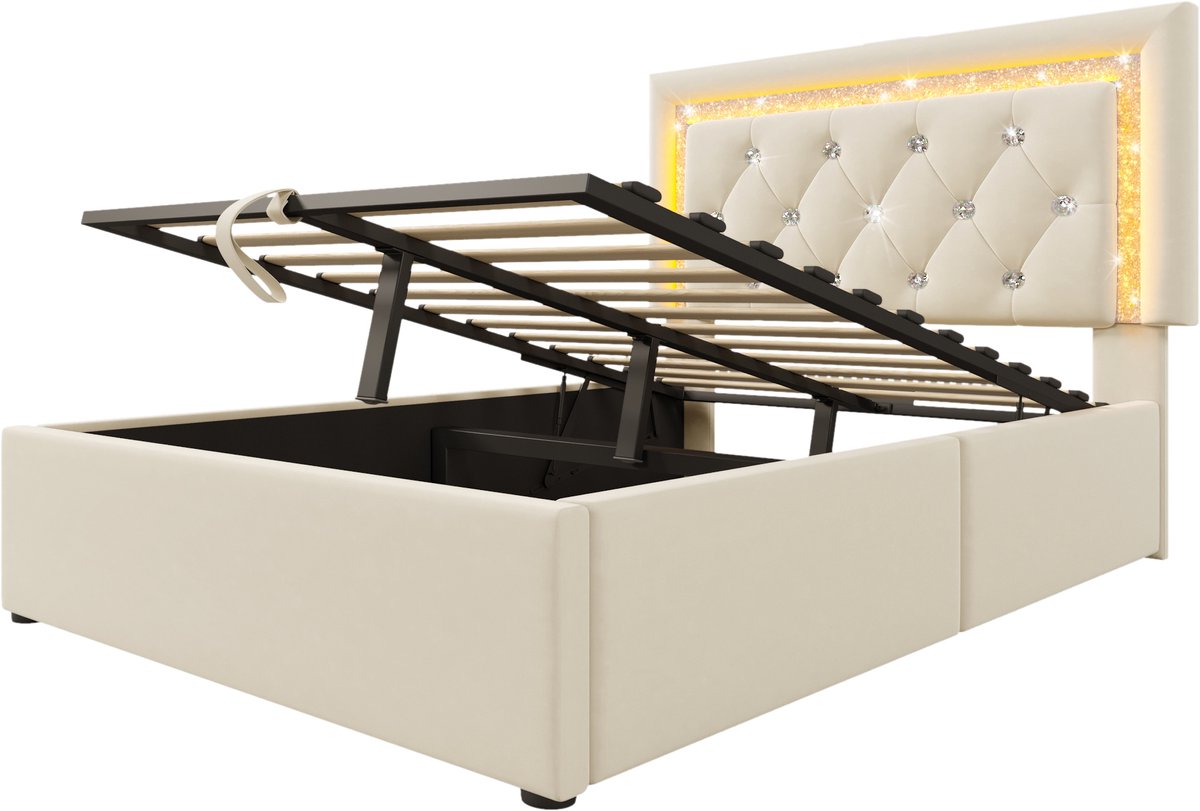 COVREO Bedframe 90x200 cm beige, LED, USB-C, opbergruimte, met matras