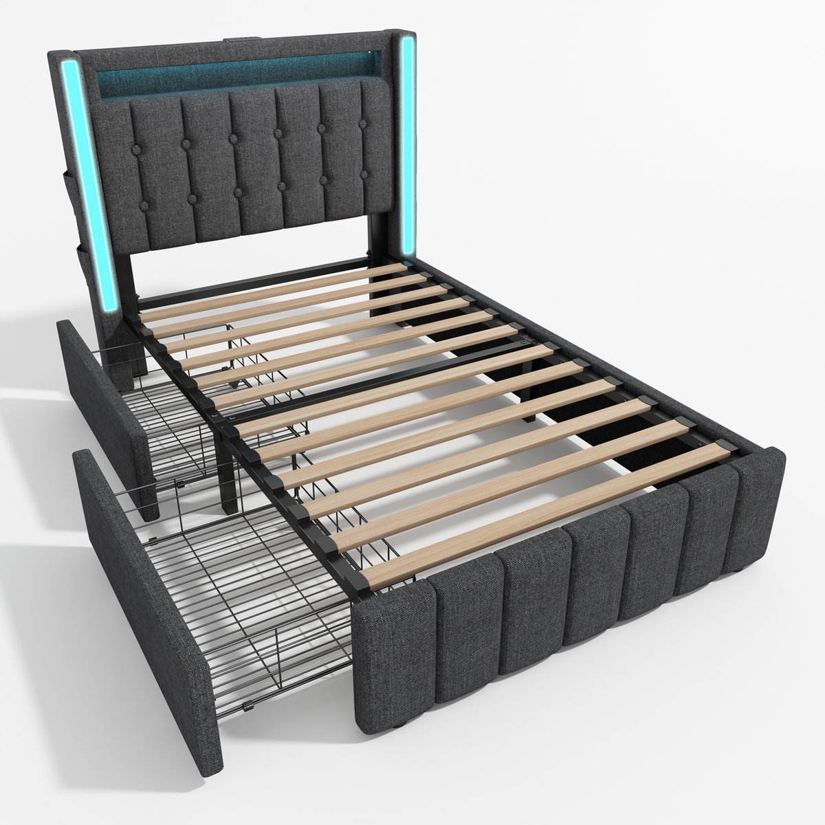 COVREO Bedframe 90x200 cm grijs, USB-C en LED, 2 lades, zonder matras