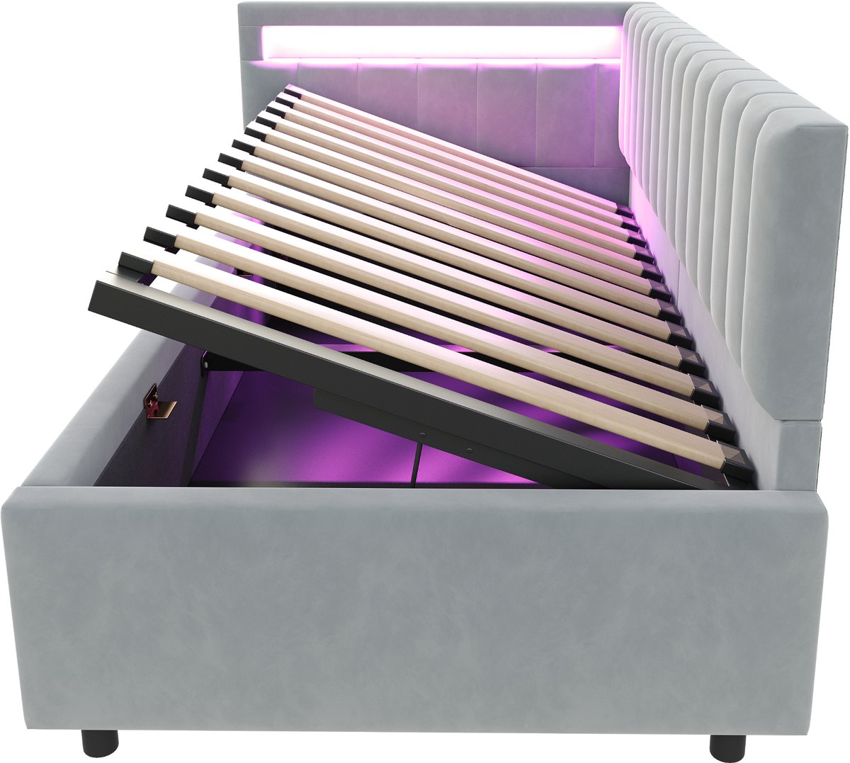 COVREO Gestoffeerd bed met LED – 90x200 cm – Slaapbank met bergruimte – voor slaap- en logeerkamer – Grijs - zonder matras