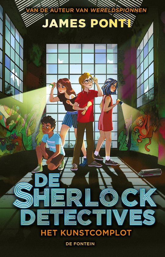 Boekcover van 'De Sherlock Detectives: Het Kunstcomplot' met vier kinderen die met zaklampen rondkijken in een pakhuis.