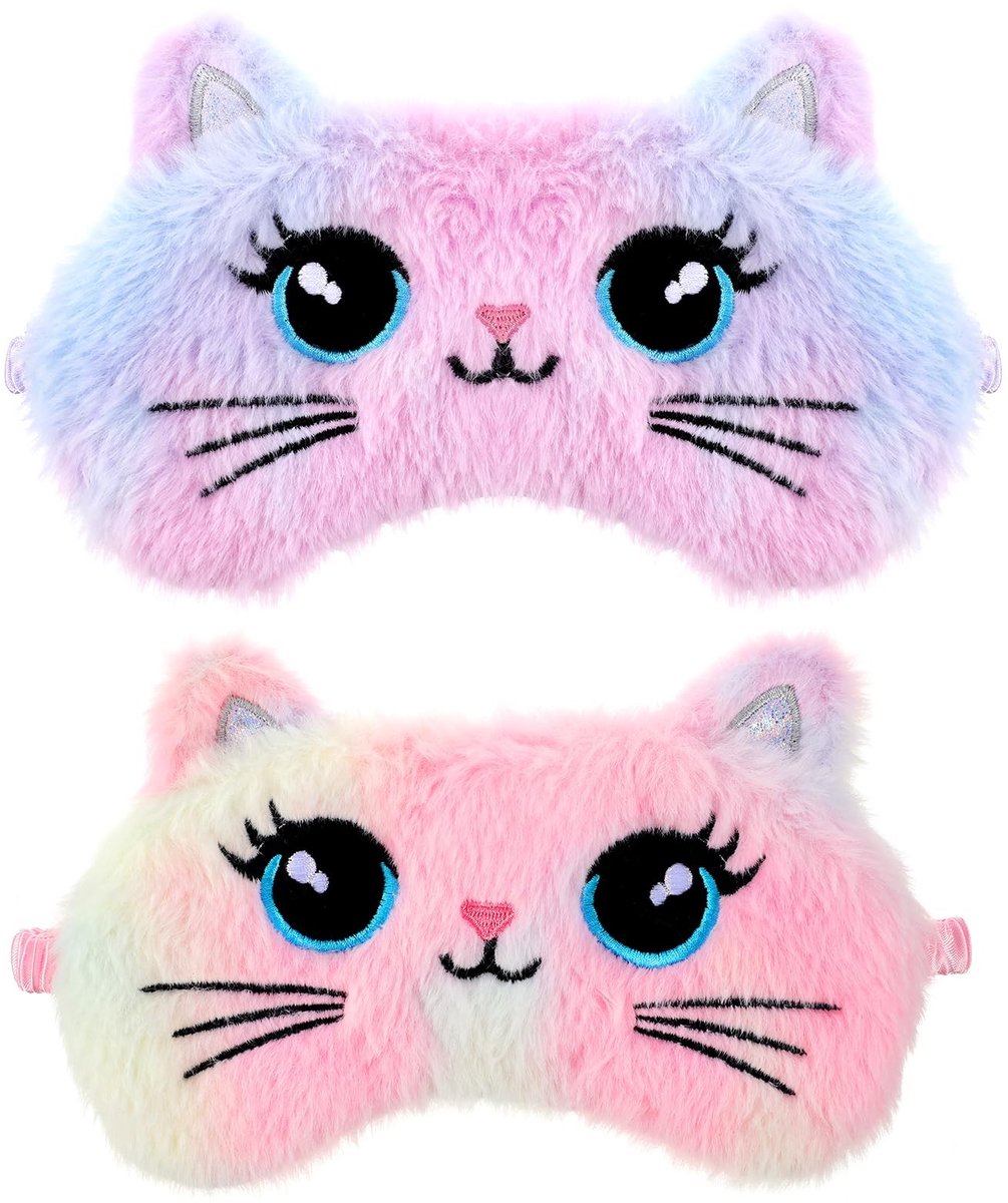 Dailygoods- Slaapmasker Kind - 2 Stuks - Zacht Pluche Oogmasker - Schattig Kattenmotief - Ideaal voor Reizen - Veilig voor Kinderen