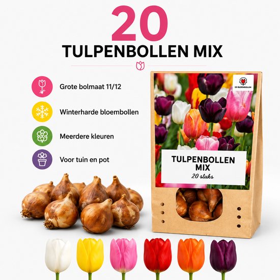 Een bruine papieren zak met een afbeelding van tulpen en met 20 tulpenbollen mix.