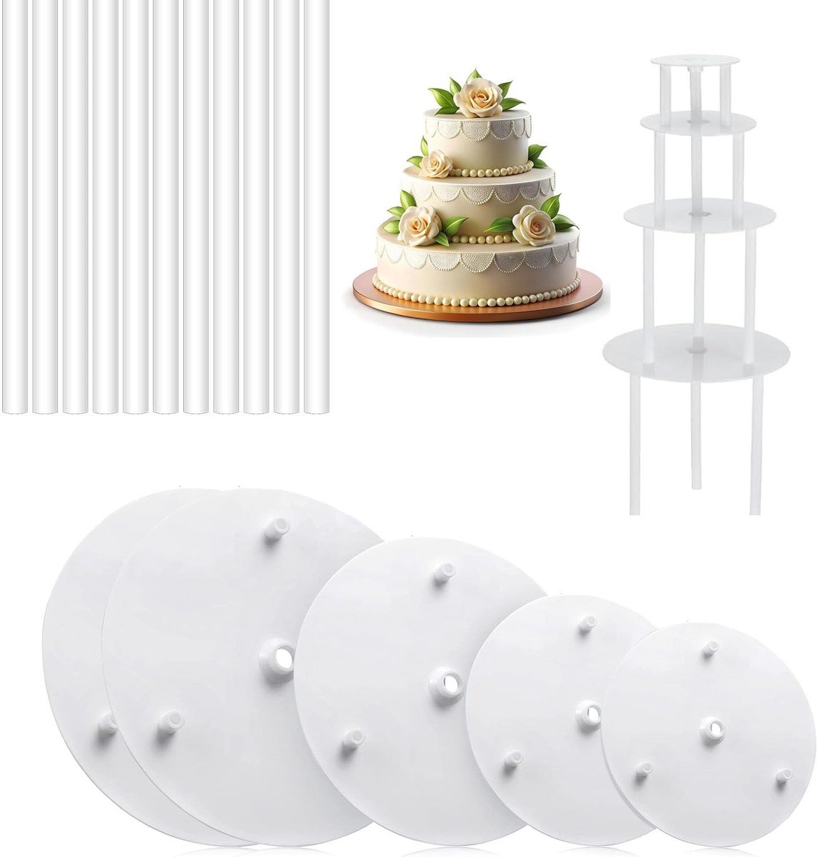 Dailygoods- Taartplateaus 5 stuks - 9/12/16/20 cm - Kunststof Taartpluggen - Herbruikbaar - Gelaagde Taarten - Bruiloft/Feestdecoratie - Taartplanken