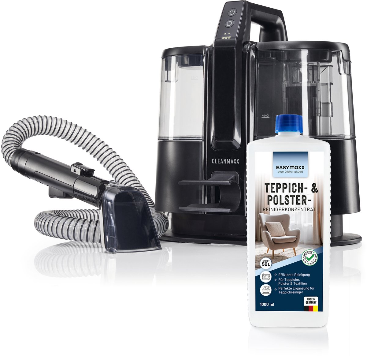 CLEANmaxx accu-wasstofzuiger Pro 22 Volt - Meubelreiniger incl. tapijtreinigingsmiddel | Nat- en droogzuiger met dubbele tank | Draadloze en compacte natzuiger en meubelreiniger | Stofzuiger