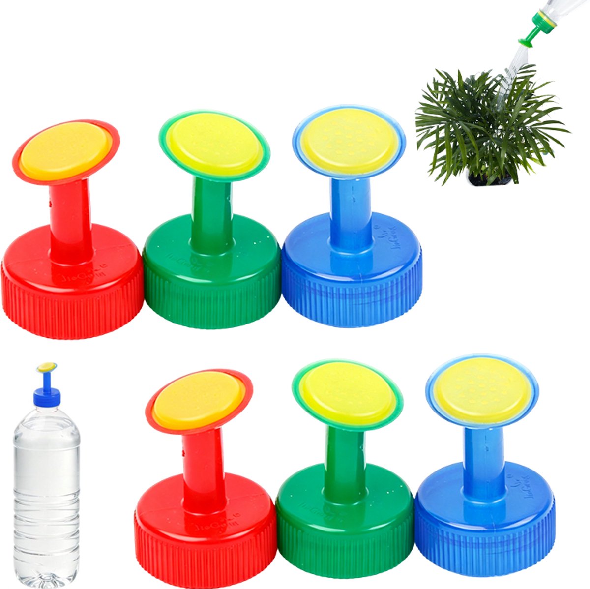 6 stuks - Fles gieter - Flesgieter Dop - Spuitmond - Plantenspuit mondstuk passend op - Gietdop passend op 28mm flessenhals voor zaailingen en kamerplanten - kunststof in 3 kleuren